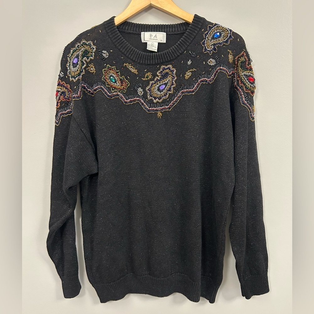 Vintage Black Sweater with Multicolor Jewel Large